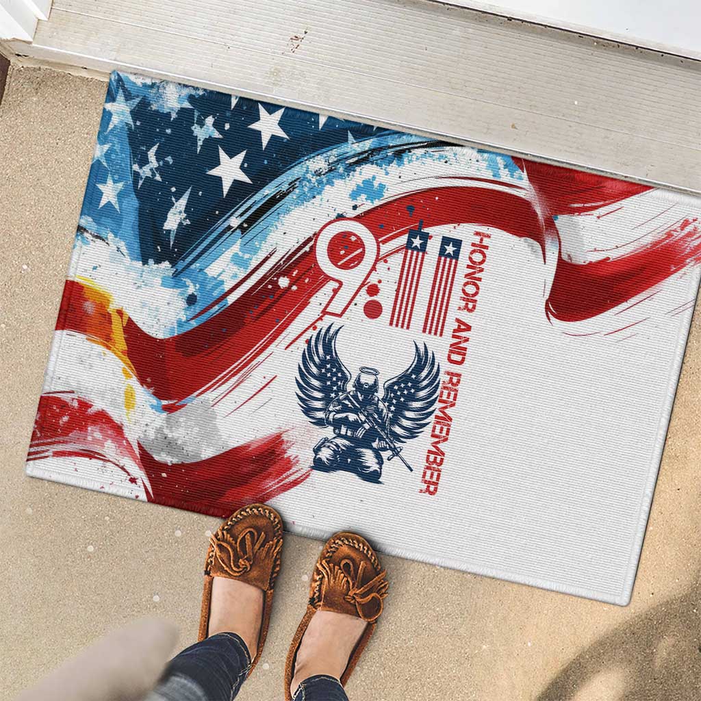 Patriot Day 911 Memorial Rubber Doormat American Flag and Angel Soldier Honor and Remember - Wonder Print Shop