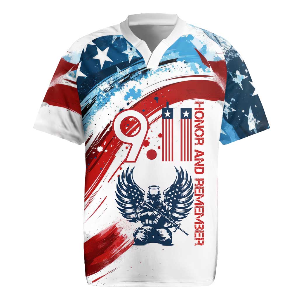 Patriot Day 911 Memorial Rugby Jersey American Flag and Angel Soldier Honor and Remember - Wonder Print Shop
