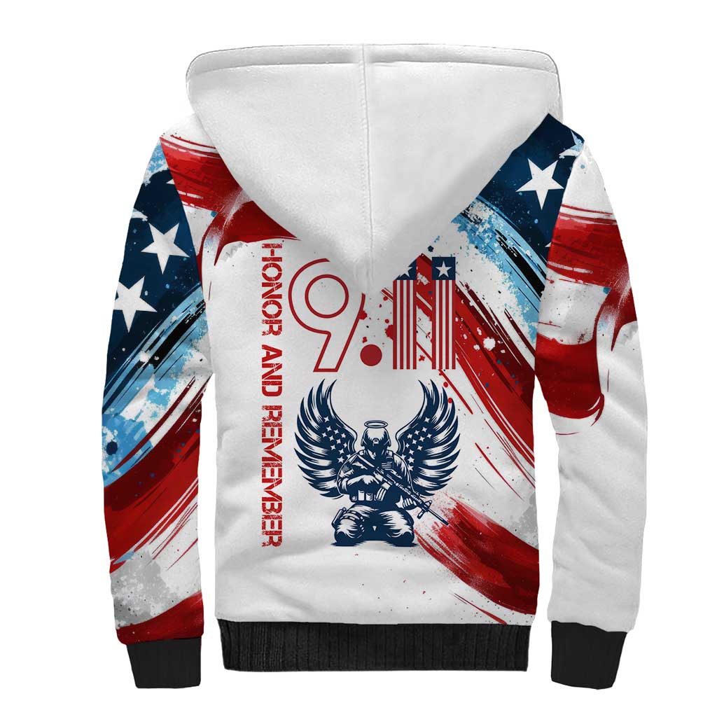 Patriot Day 911 Memorial Sherpa Hoodie American Flag and Angel Soldier Honor and Remember - Wonder Print Shop