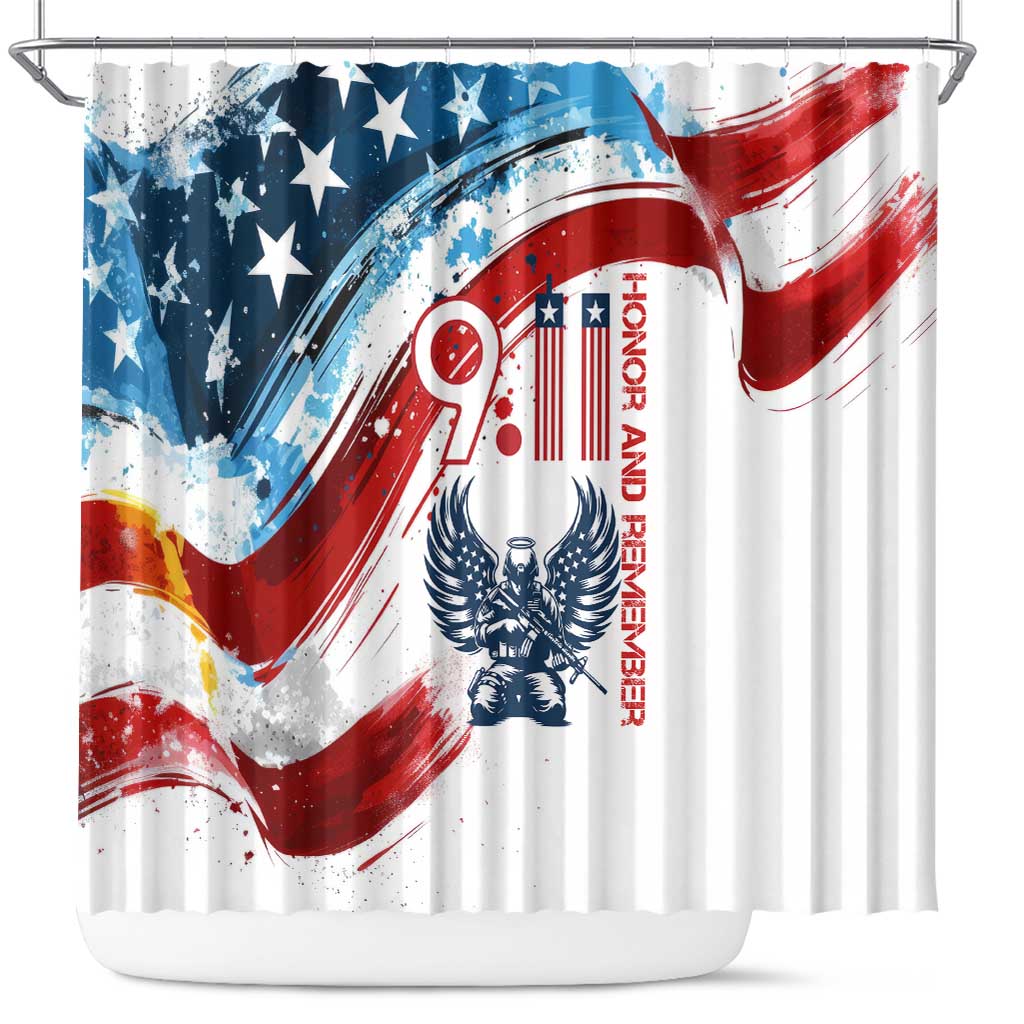 Patriot Day 911 Memorial Shower Curtain American Flag and Angel Soldier Honor and Remember - Wonder Print Shop