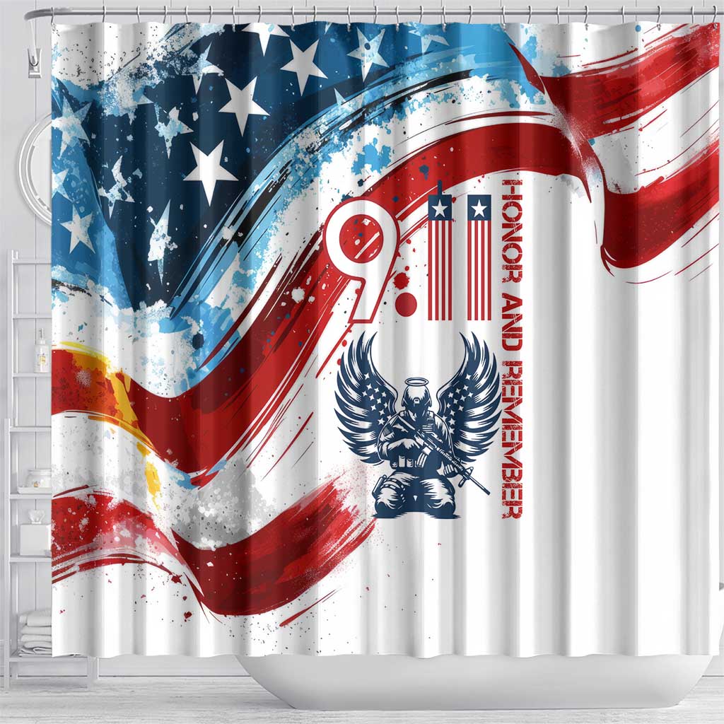 Patriot Day 911 Memorial Shower Curtain American Flag and Angel Soldier Honor and Remember - Wonder Print Shop
