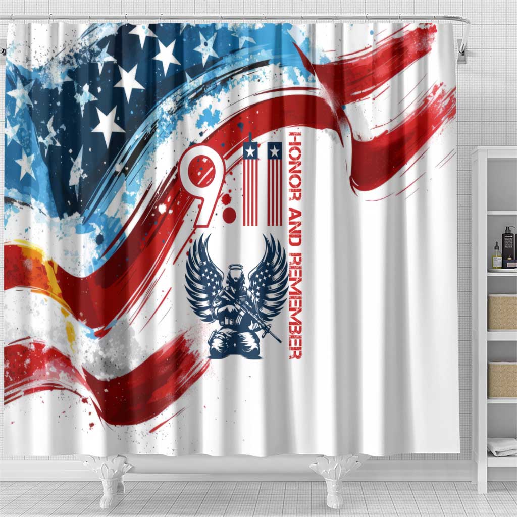 Patriot Day 911 Memorial Shower Curtain American Flag and Angel Soldier Honor and Remember - Wonder Print Shop