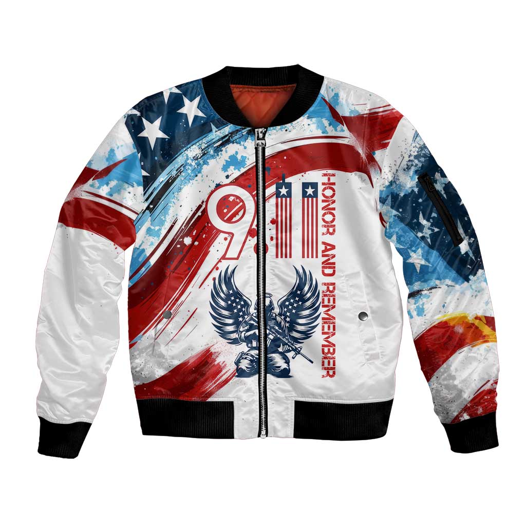 Patriot Day 911 Memorial Sleeve Zip Bomber Jacket American Flag and Angel Soldier Honor and Remember - Wonder Print Shop