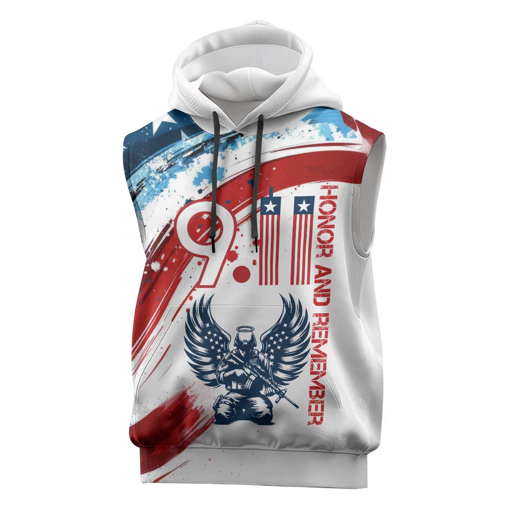 Patriot Day 911 Memorial Sleeveless Hoodie American Flag and Angel Soldier Honor and Remember - Wonder Print Shop
