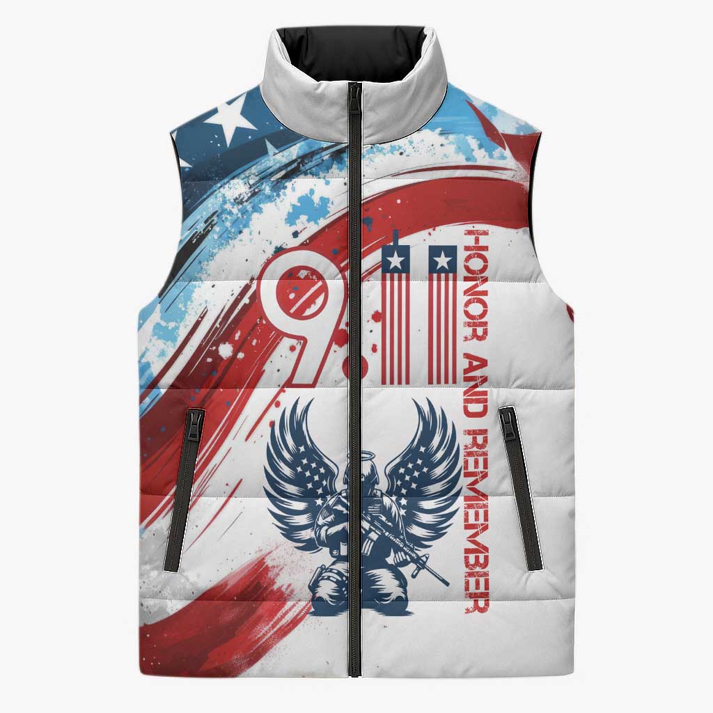 Patriot Day 911 Memorial Sleeveless Puffer Jacket American Flag and Angel Soldier Honor and Remember - Wonder Print Shop