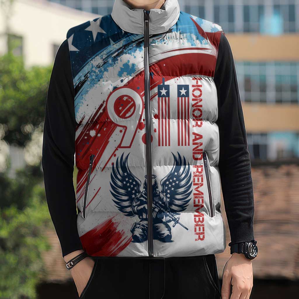Patriot Day 911 Memorial Sleeveless Puffer Jacket American Flag and Angel Soldier Honor and Remember - Wonder Print Shop