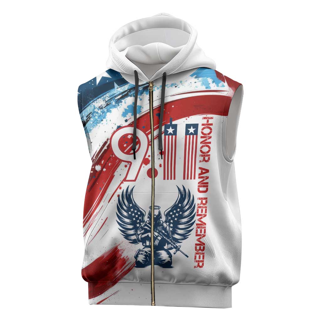 Patriot Day 911 Memorial Sleeveless Zip Hoodie American Flag and Angel Soldier Honor and Remember - Wonder Print Shop