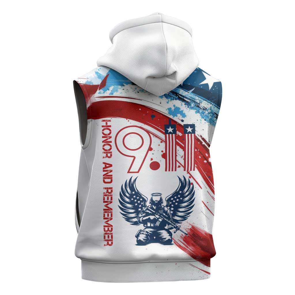 Patriot Day 911 Memorial Sleeveless Zip Hoodie American Flag and Angel Soldier Honor and Remember - Wonder Print Shop