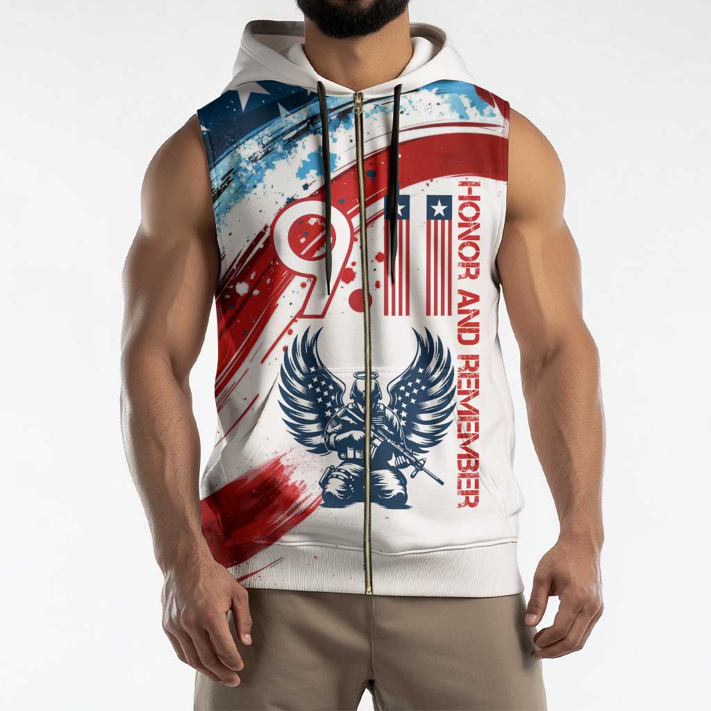 Patriot Day 911 Memorial Sleeveless Zip Hoodie American Flag and Angel Soldier Honor and Remember - Wonder Print Shop