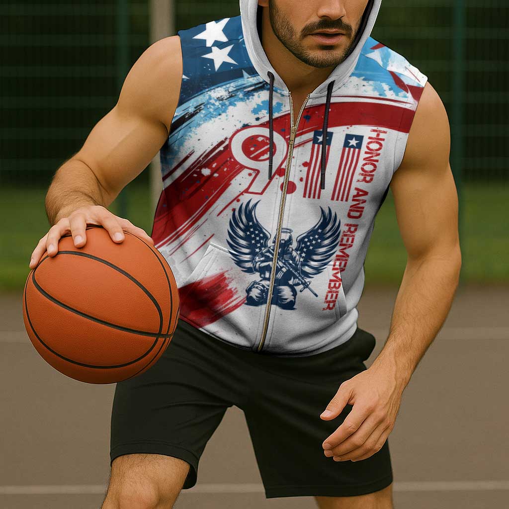 Patriot Day 911 Memorial Sleeveless Zip Hoodie American Flag and Angel Soldier Honor and Remember - Wonder Print Shop
