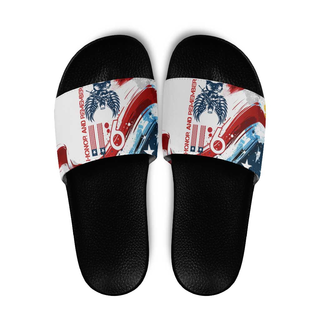Patriot Day 911 Memorial Slide Sandals American Flag and Angel Soldier Honor and Remember - Wonder Print Shop