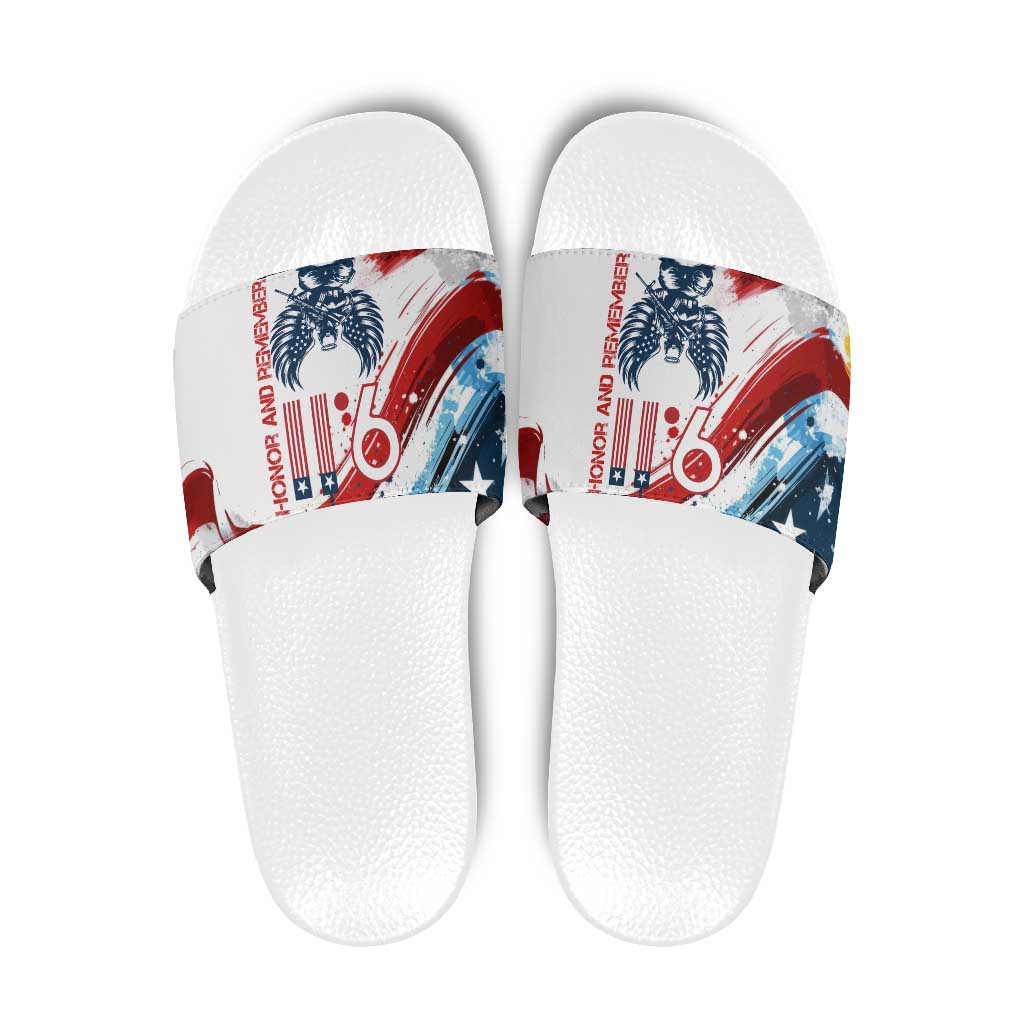 Patriot Day 911 Memorial Slide Sandals American Flag and Angel Soldier Honor and Remember - Wonder Print Shop