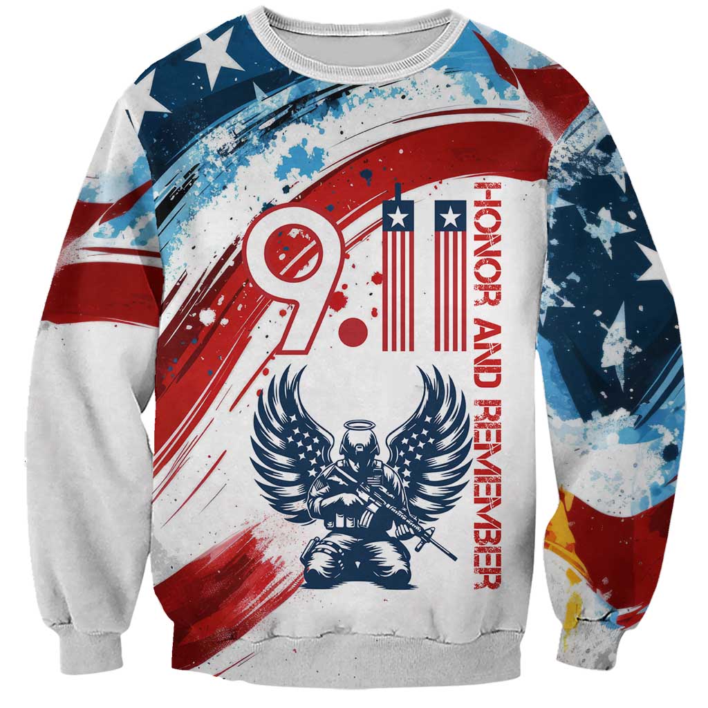 Patriot Day 911 Memorial Sweatshirt American Flag and Angel Soldier Honor and Remember - Wonder Print Shop