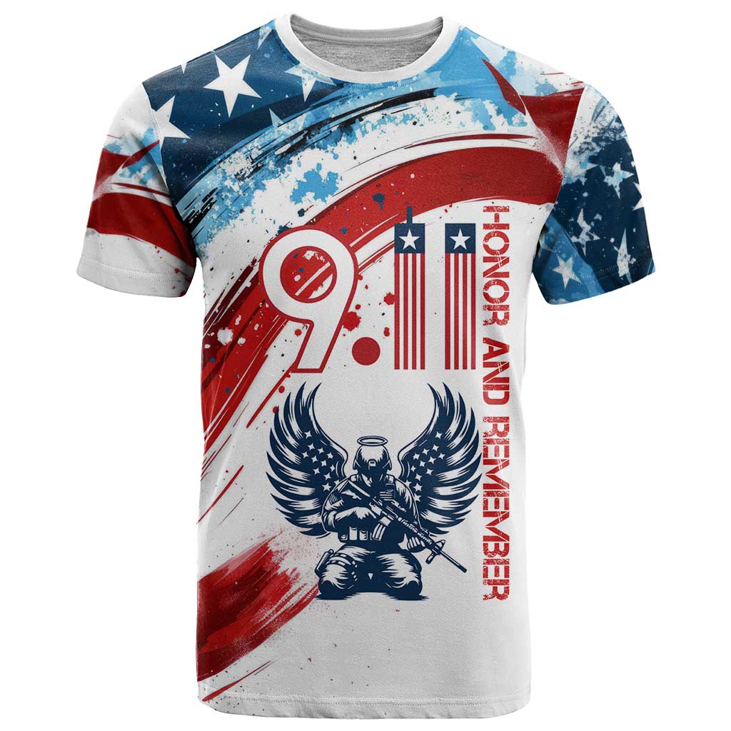 Patriot Day 911 Memorial T Shirt American Flag and Angel Soldier Honor and Remember - Wonder Print Shop