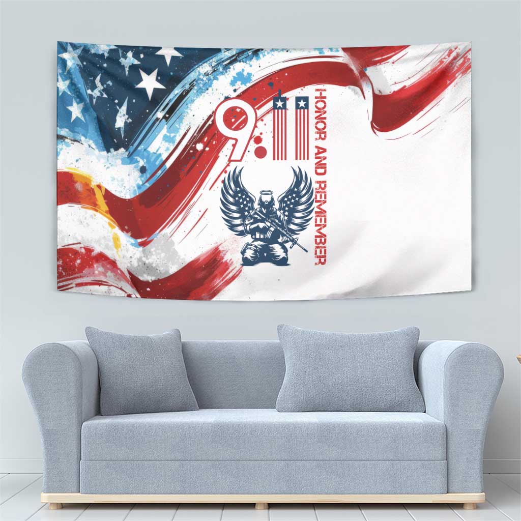 Patriot Day 911 Memorial Tapestry American Flag and Angel Soldier Honor and Remember - Wonder Print Shop