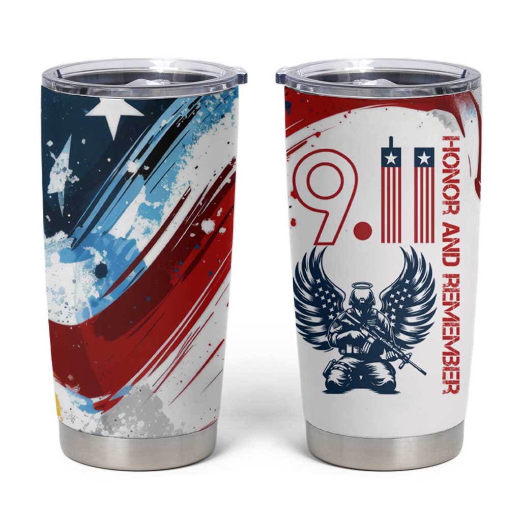 Patriot Day 911 Memorial Tumbler Cup American Flag and Angel Soldier Honor and Remember - Wonder Print Shop