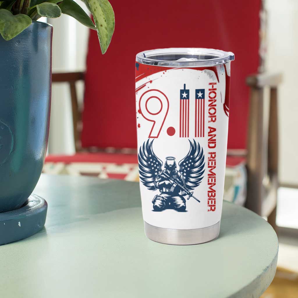 Patriot Day 911 Memorial Tumbler Cup American Flag and Angel Soldier Honor and Remember - Wonder Print Shop