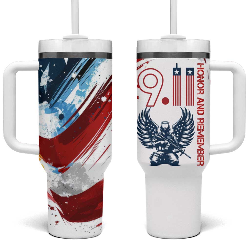 Patriot Day 911 Memorial Tumbler With Handle American Flag and Angel Soldier Honor and Remember - Wonder Print Shop