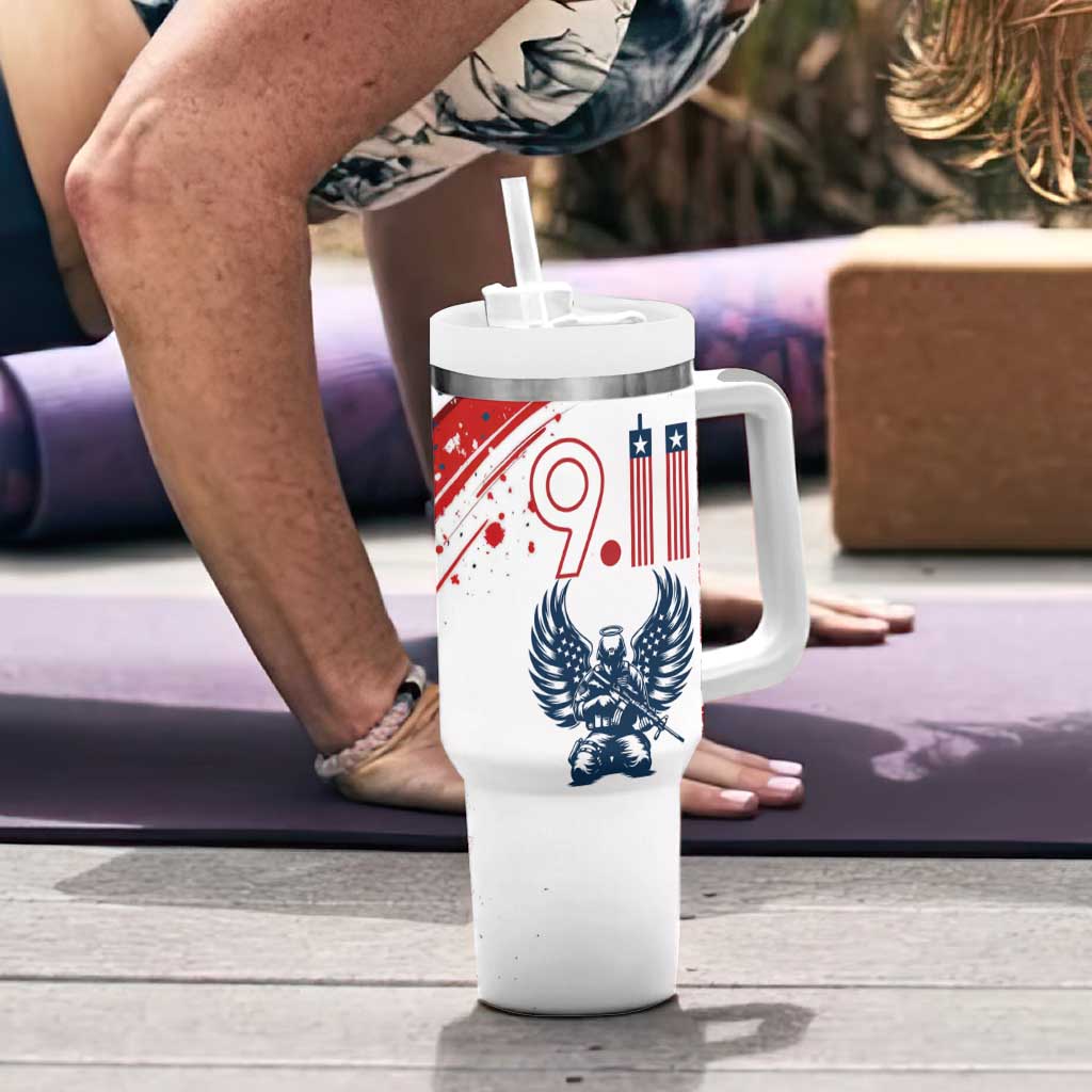 Patriot Day 911 Memorial Tumbler With Handle American Flag and Angel Soldier Honor and Remember - Wonder Print Shop
