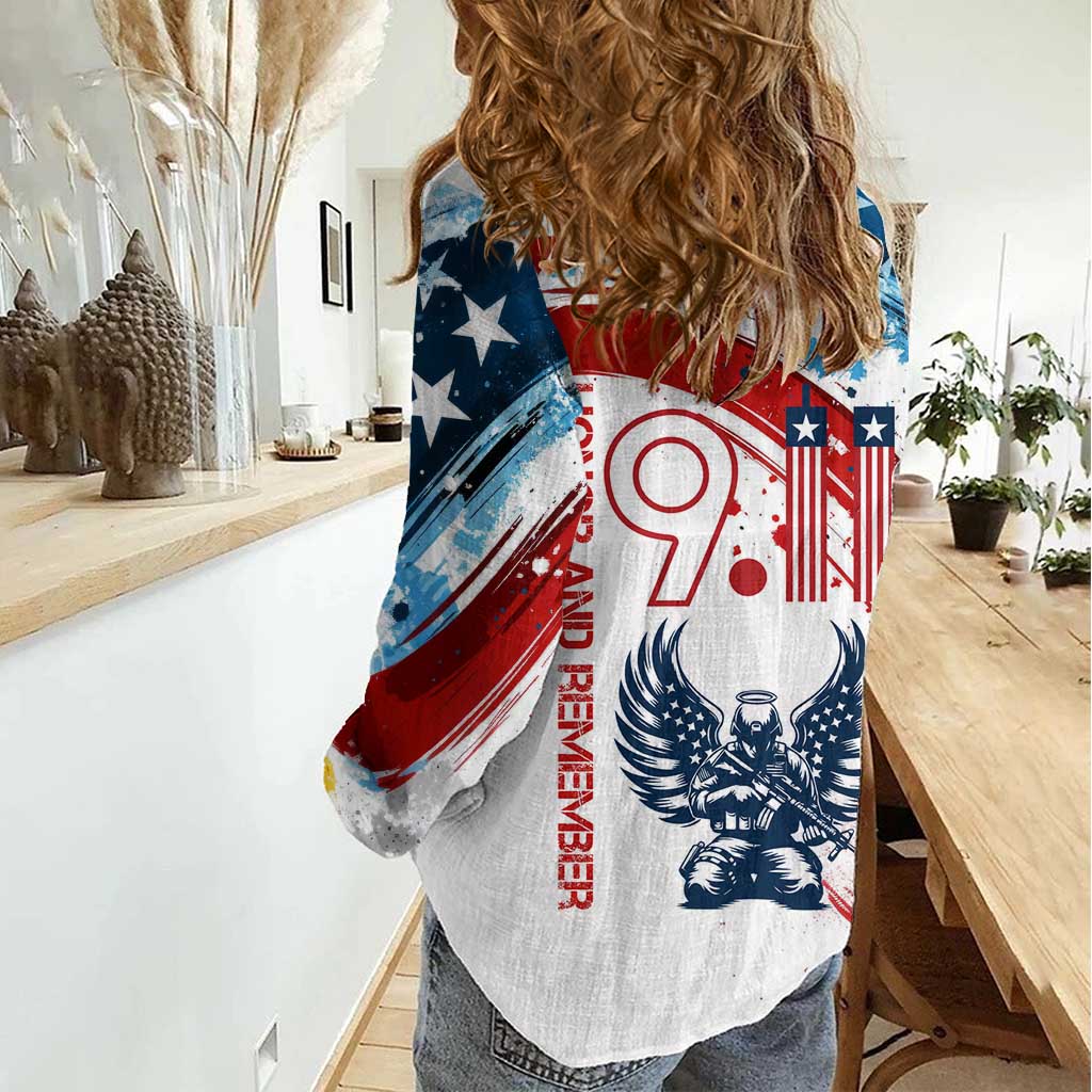 Patriot Day 911 Memorial Women Casual Shirt American Flag and Angel Soldier Honor and Remember - Wonder Print Shop