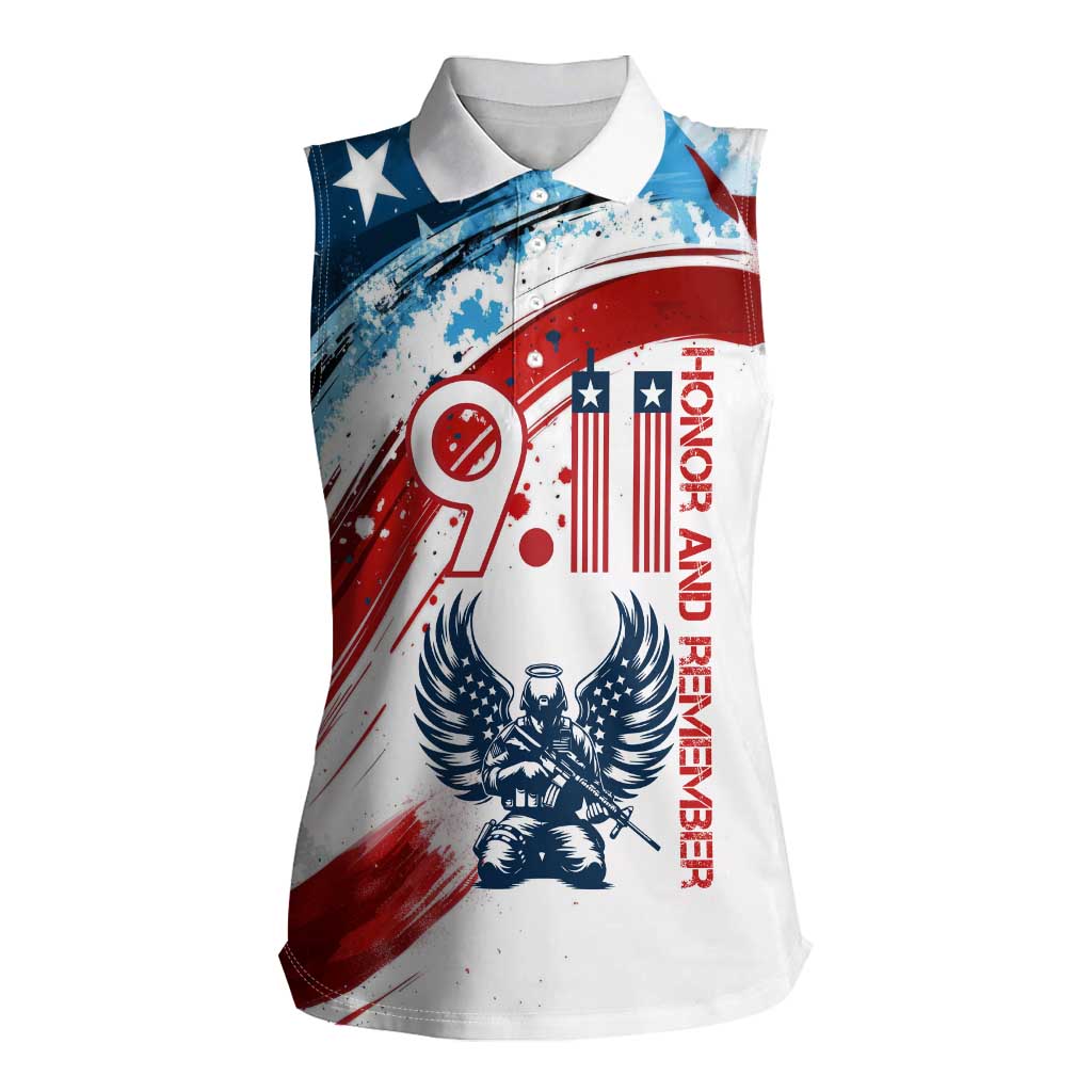 Patriot Day 911 Memorial Women Sleeveless Polo Shirt American Flag and Angel Soldier Honor and Remember - Wonder Print Shop