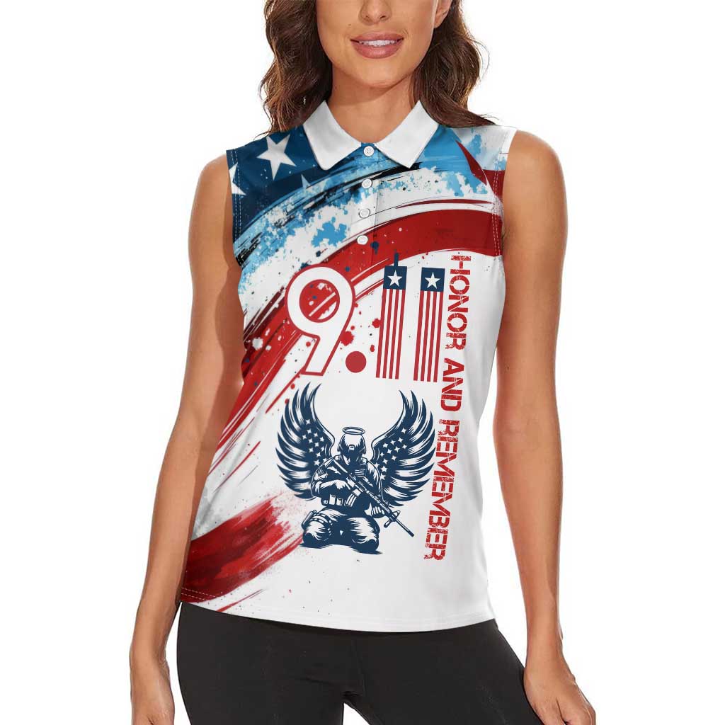 Patriot Day 911 Memorial Women Sleeveless Polo Shirt American Flag and Angel Soldier Honor and Remember - Wonder Print Shop