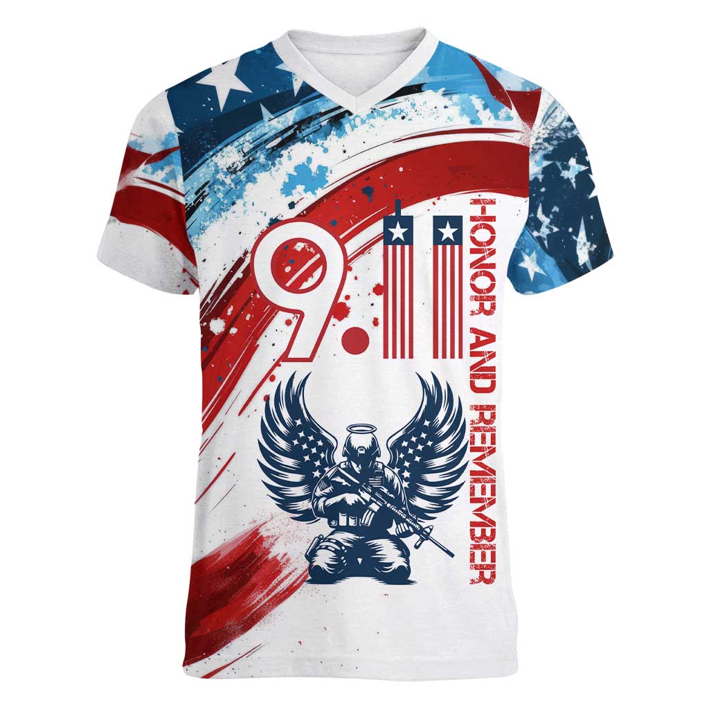 Patriot Day 911 Memorial Women V-Neck T-Shirt American Flag and Angel Soldier Honor and Remember - Wonder Print Shop