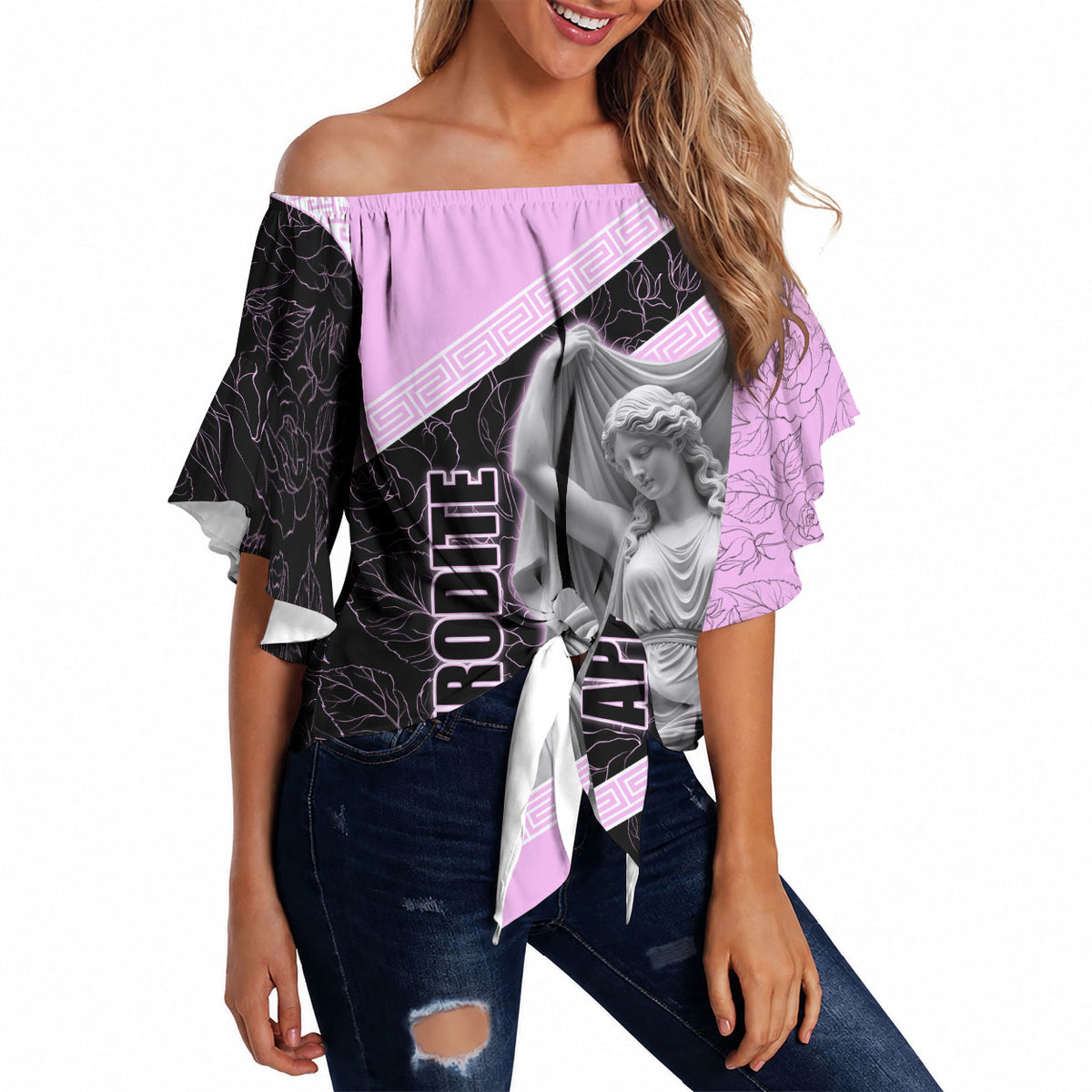 Aphrodite Greek Goddess Off Shoulder Wrap Waist Top Classical Mythology Floral Statue Art
