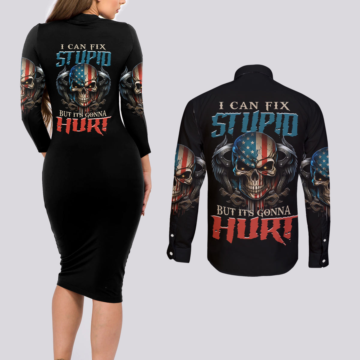 I Can Fix Stupid But It's Gonna Hurt Couples Matching Long Sleeve Bodycon Dress and Long Sleeve Button Shirt - Wonder Print Shop