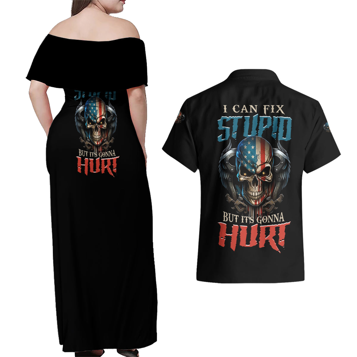 I Can Fix Stupid But It's Gonna Hurt Couples Matching Off Shoulder Maxi Dress and Hawaiian Shirt - Wonder Print Shop