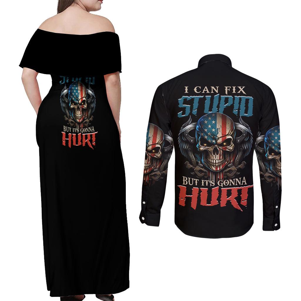 I Can Fix Stupid But It's Gonna Hurt Couples Matching Off Shoulder Maxi Dress and Long Sleeve Button Shirt - Wonder Print Shop