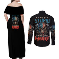 I Can Fix Stupid But It's Gonna Hurt Couples Matching Off Shoulder Maxi Dress and Long Sleeve Button Shirt - Wonder Print Shop