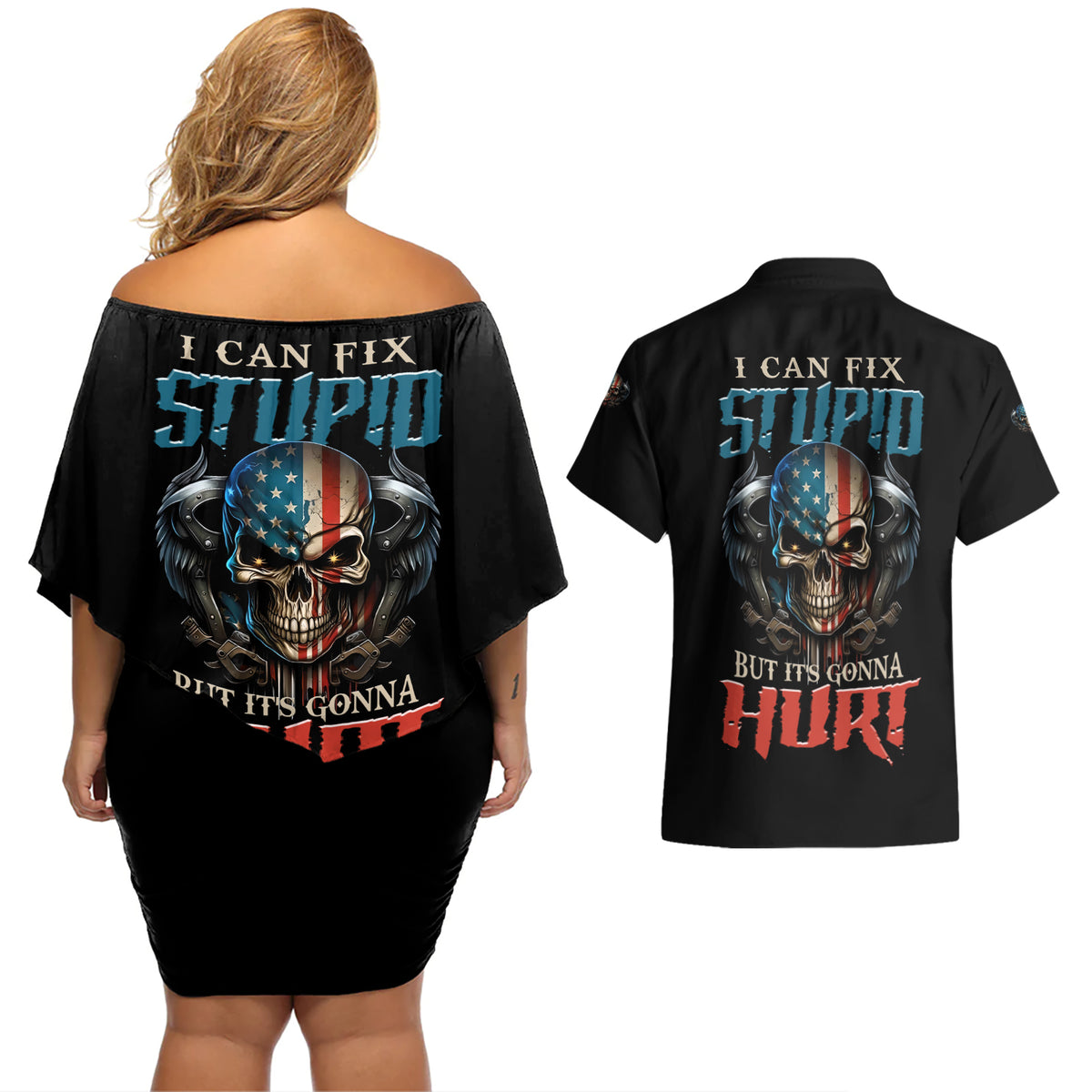 I Can Fix Stupid But It's Gonna Hurt Couples Matching Off Shoulder Short Dress and Hawaiian Shirt - Wonder Print Shop