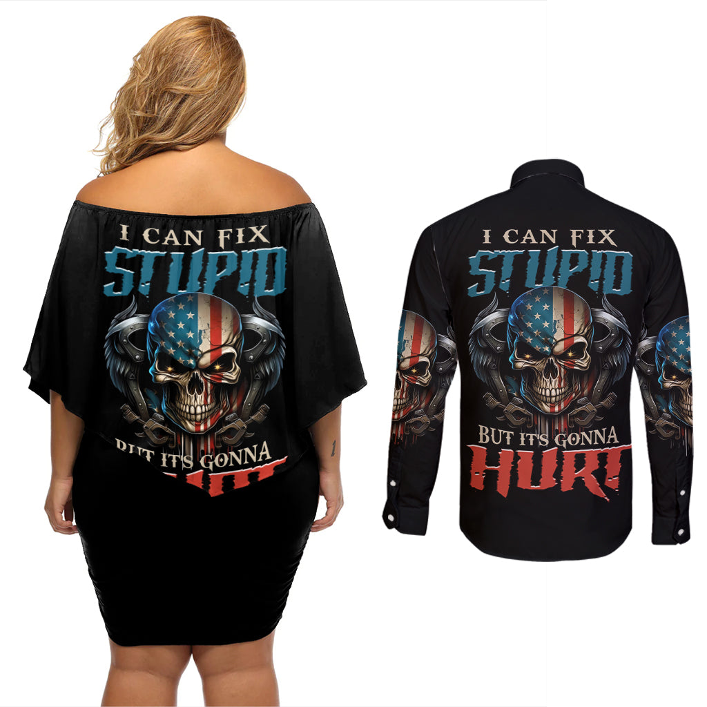 I Can Fix Stupid But It's Gonna Hurt Couples Matching Off Shoulder Short Dress and Long Sleeve Button Shirt - Wonder Print Shop