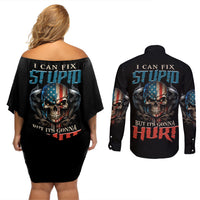 I Can Fix Stupid But It's Gonna Hurt Couples Matching Off Shoulder Short Dress and Long Sleeve Button Shirt - Wonder Print Shop
