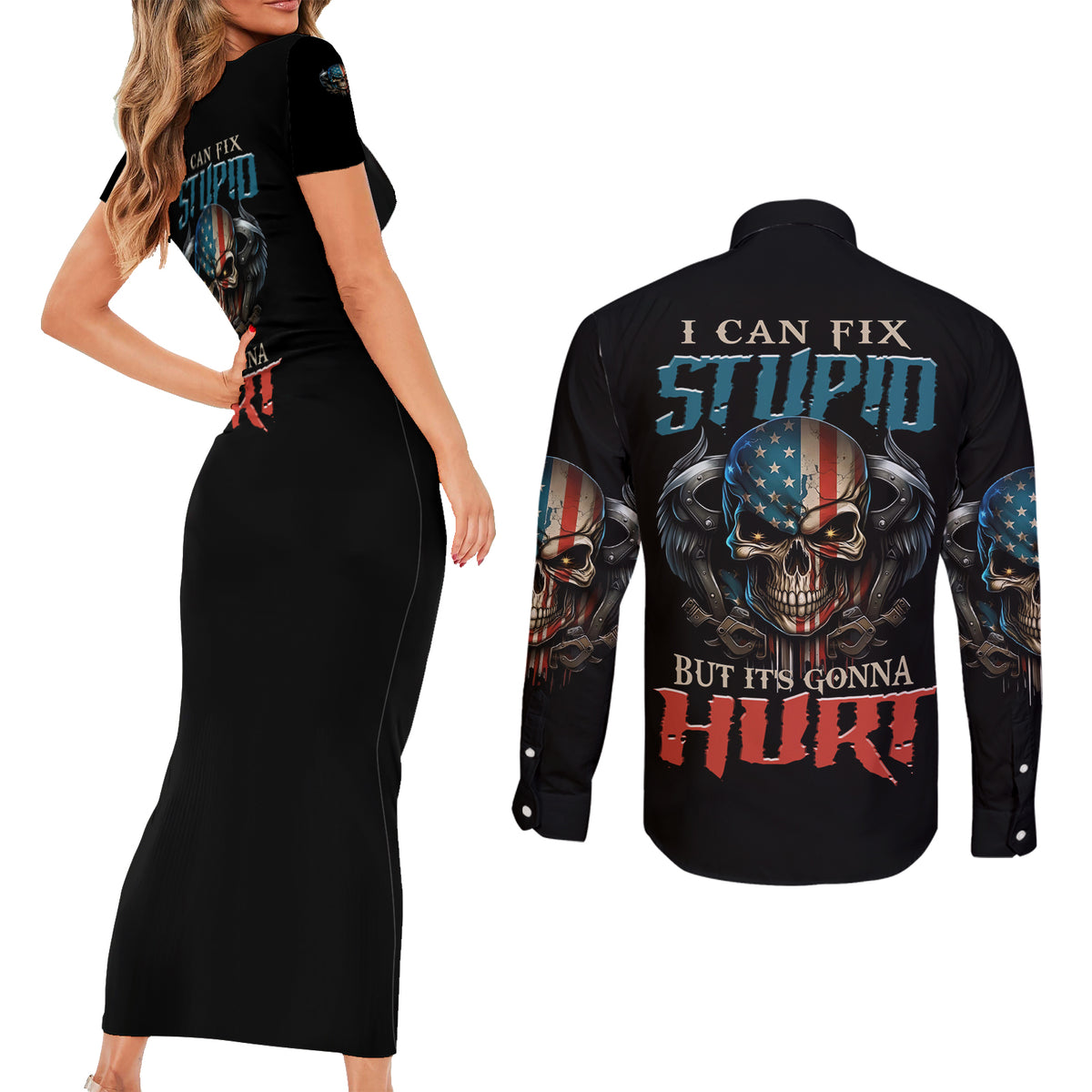I Can Fix Stupid But It's Gonna Hurt Couples Matching Short Sleeve Bodycon Dress and Long Sleeve Button Shirt - Wonder Print Shop