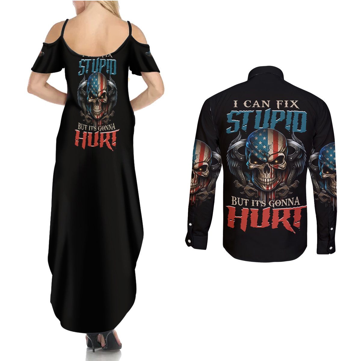 I Can Fix Stupid But It's Gonna Hurt Couples Matching Summer Maxi Dress and Long Sleeve Button Shirt - Wonder Print Shop