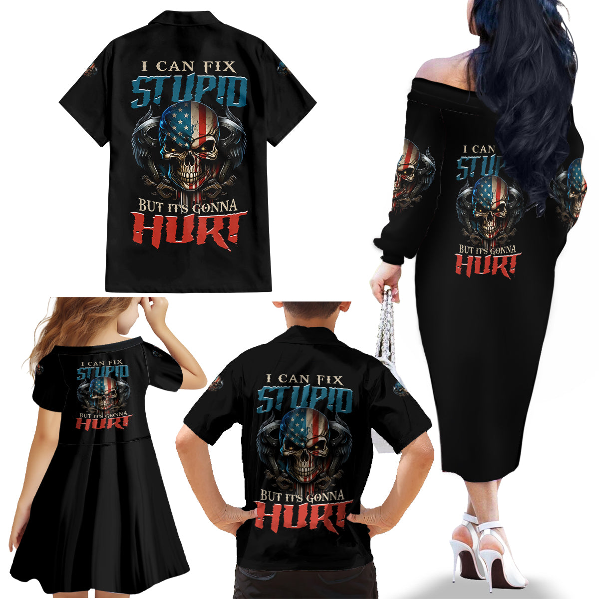 I Can Fix Stupid But It's Gonna Hurt Family Matching Off Shoulder Long Sleeve Dress and Hawaiian Shirt - Wonder Print Shop