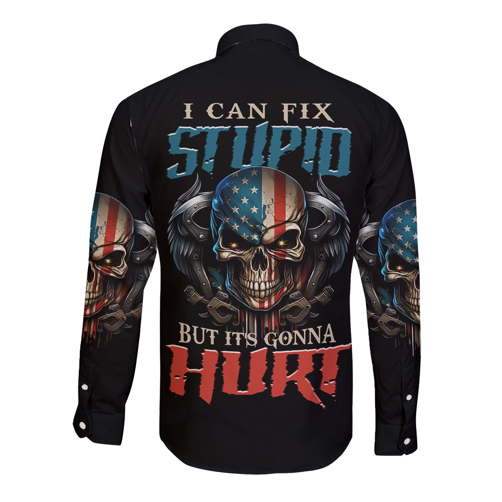 I Can Fix Stupid But It's Gonna Hurt Long Sleeve Button Shirt - Wonder Print Shop
