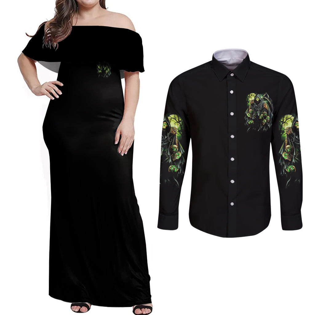 Of Course I'm Going To Hell Skull Couples Matching Off Shoulder Maxi Dress and Long Sleeve Button Shirt - Wonder Print Shop