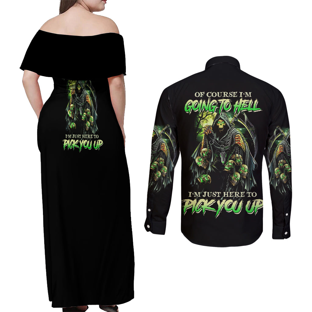 Of Course I'm Going To Hell Skull Couples Matching Off Shoulder Maxi Dress and Long Sleeve Button Shirt - Wonder Print Shop