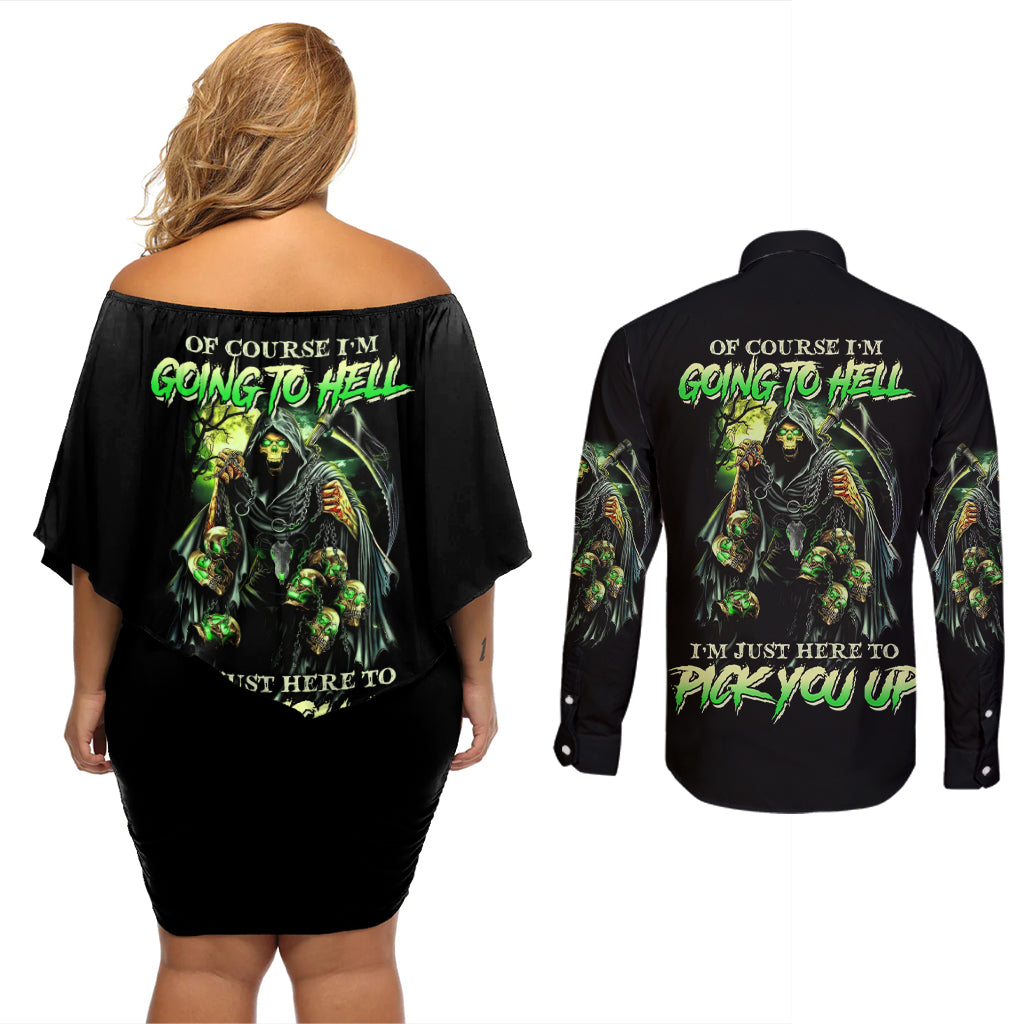 Of Course I'm Going To Hell Skull Couples Matching Off Shoulder Short Dress and Long Sleeve Button Shirt - Wonder Print Shop