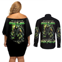 Of Course I'm Going To Hell Skull Couples Matching Off Shoulder Short Dress and Long Sleeve Button Shirt - Wonder Print Shop