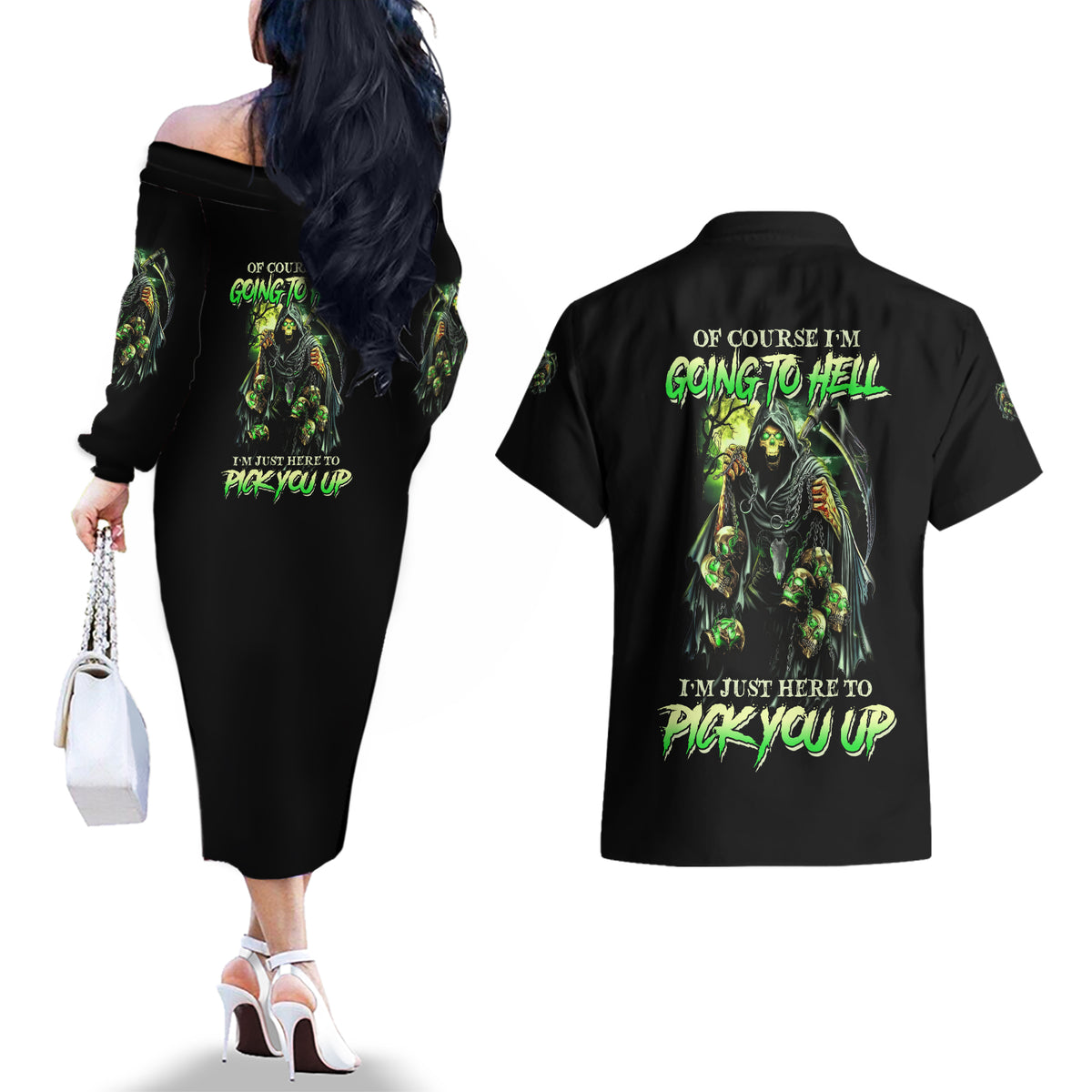 Of Course I'm Going To Hell Skull Couples Matching Off The Shoulder Long Sleeve Dress and Hawaiian Shirt - Wonder Print Shop