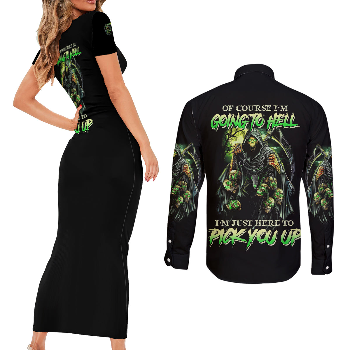 Of Course I'm Going To Hell Skull Couples Matching Short Sleeve Bodycon Dress and Long Sleeve Button Shirt - Wonder Print Shop