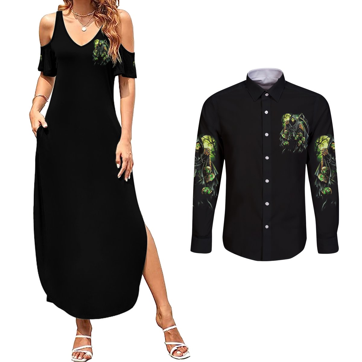 Of Course I'm Going To Hell Skull Couples Matching Summer Maxi Dress and Long Sleeve Button Shirt - Wonder Print Shop