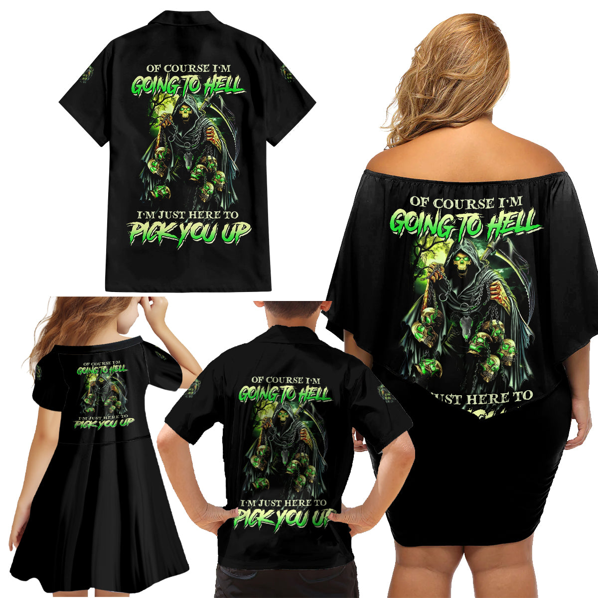 Of Course I'm Going To Hell Skull Family Matching Off Shoulder Short Dress and Hawaiian Shirt - Wonder Print Shop