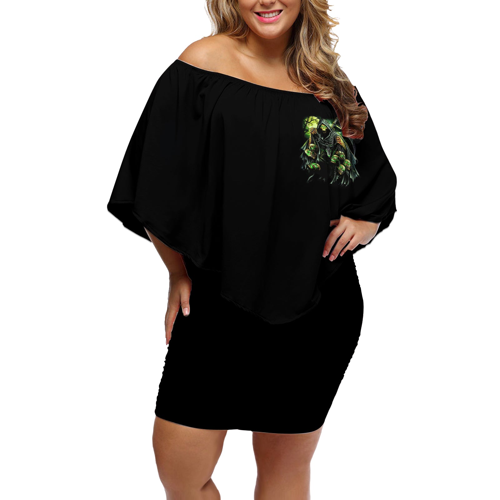 Of Course I'm Going To Hell Skull Off Shoulder Short Dress - Wonder Print Shop