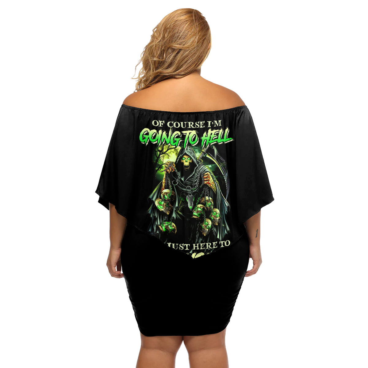 Of Course I'm Going To Hell Skull Off Shoulder Short Dress - Wonder Print Shop