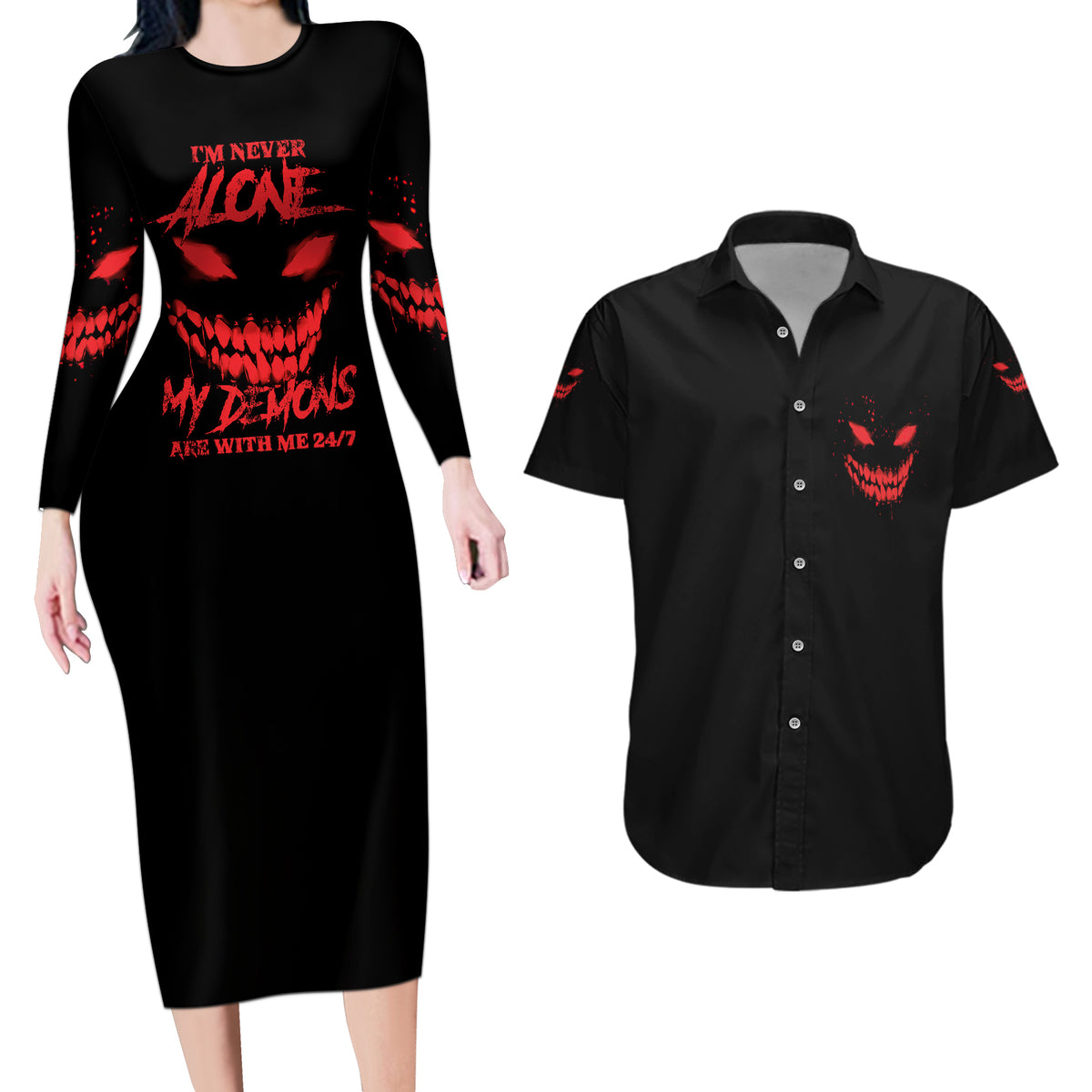 I'm Never Alone My Demon Are With Me Couples Matching Long Sleeve Bodycon Dress and Hawaiian Shirt - Wonder Print Shop